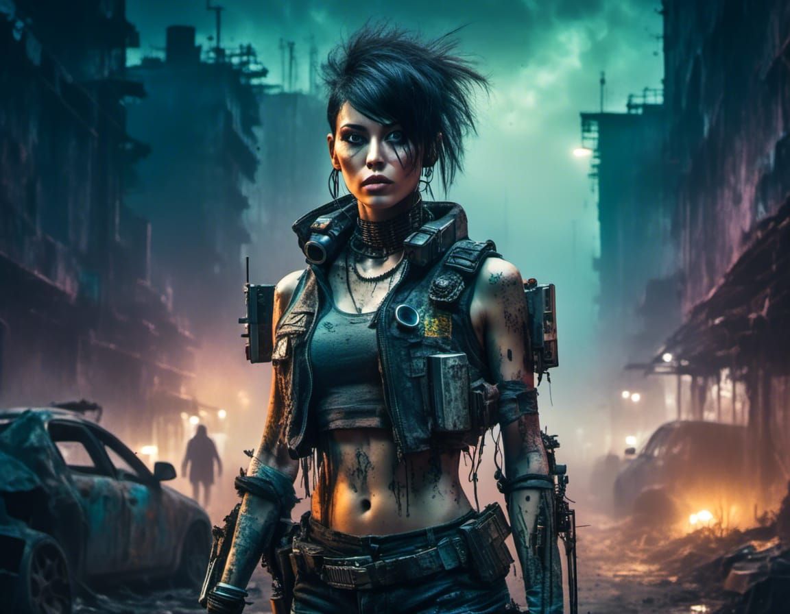 Female Cyborg in Trashpunk Wasteland at Night