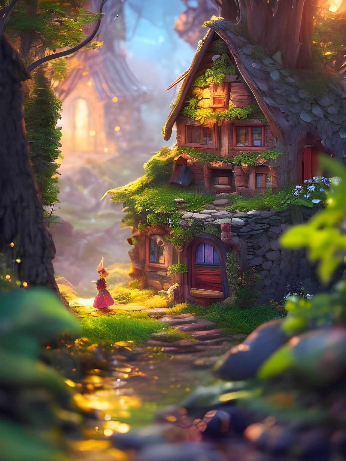 Deep depth of field, little faerie house, detailed illustrat...