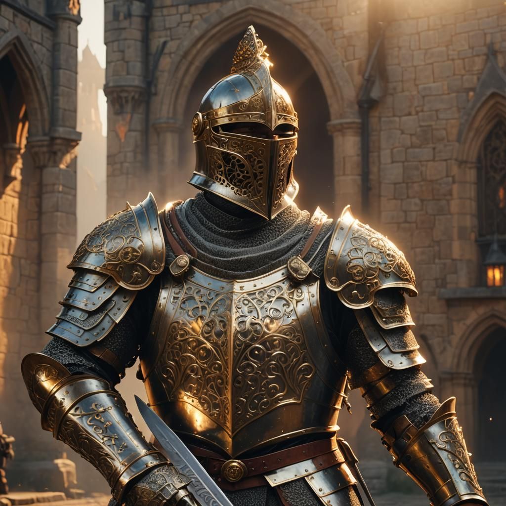 Epic Medieval Knight in Golden Armor, 3D Render