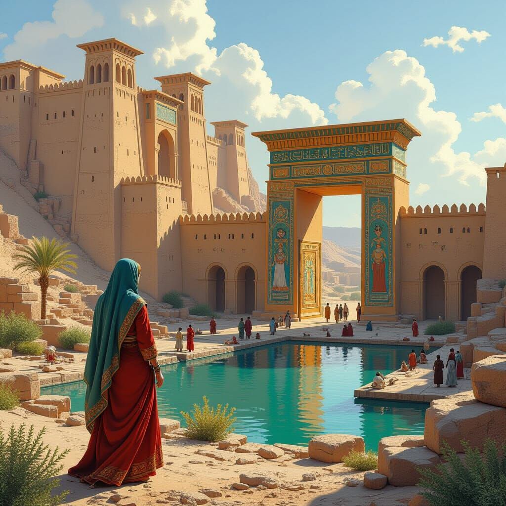 Ancient Iraq Landscape with Hanging Gardens and Ishtar Gate