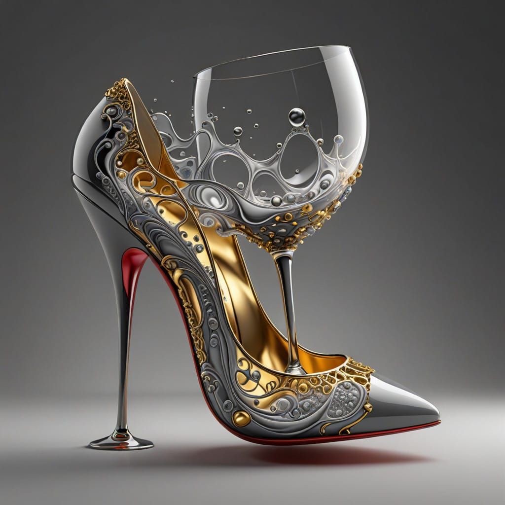 Gold High-Heeled Shoe Dissolves into Wine Glass in Surreal M...