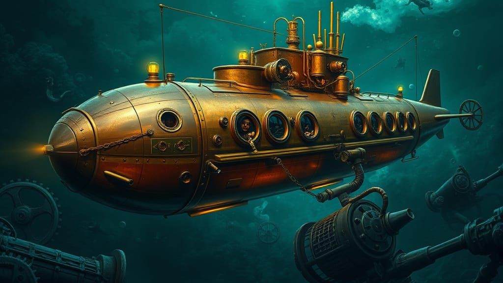 Steampunk Submarine Glides Through Bioluminescent Ocean