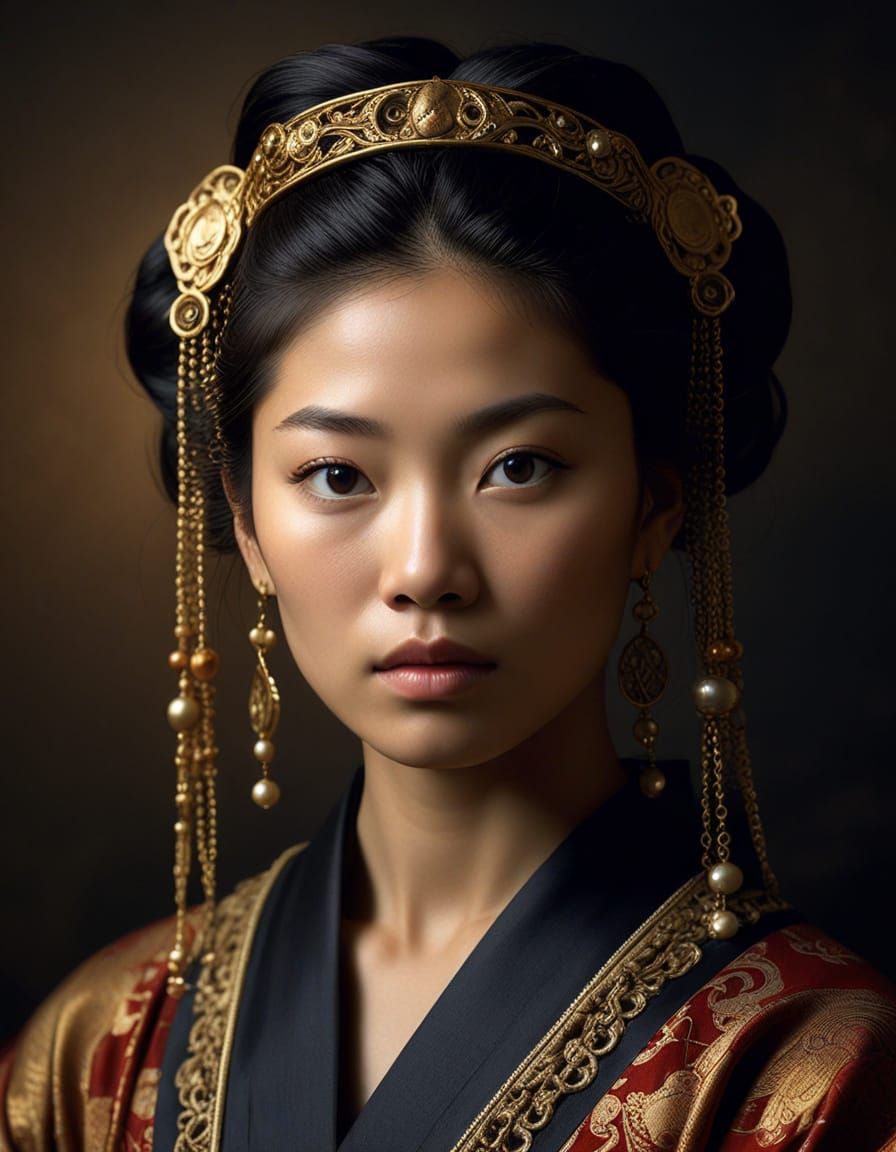 Chiaroscuro portrait of an Asian woman inspired by Caravaggi...