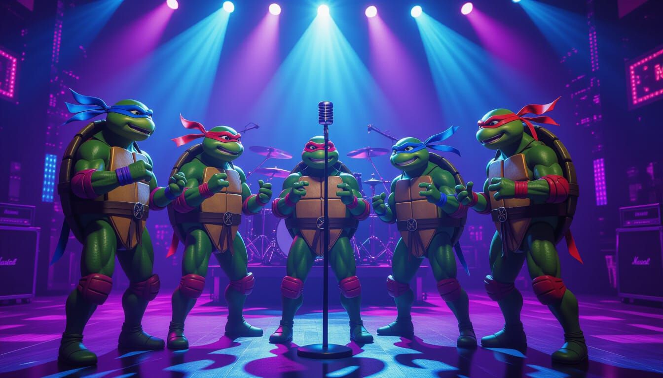 TMNT Sing on Neon Stage in Matte Painting Style