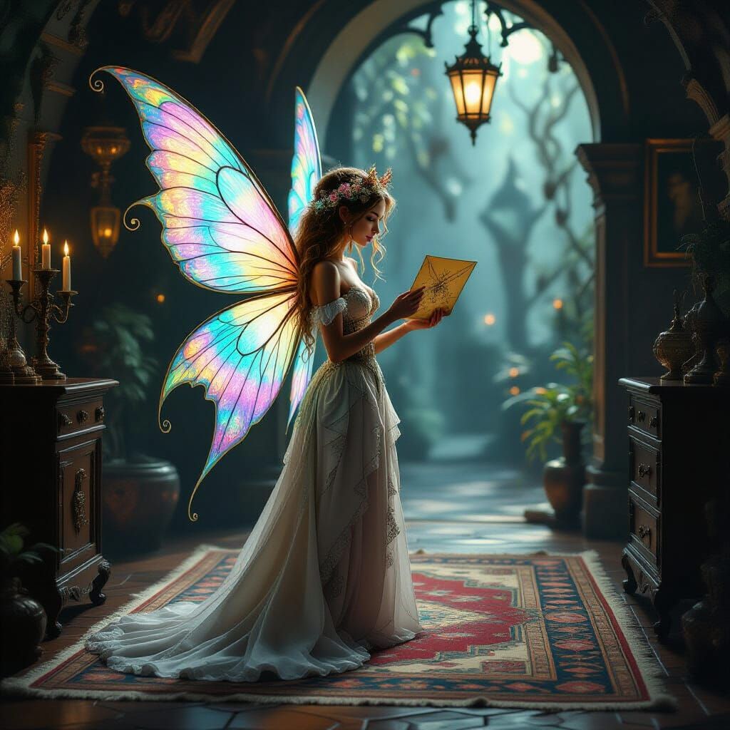 Whimsical Fairy with Ornate Envelope in Surrealist Room