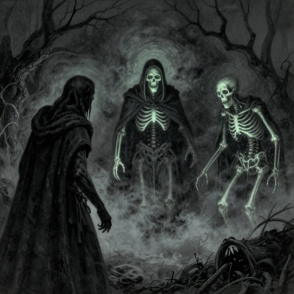 Haunting Medieval Scene with Skeletal Figures in Misty Glow
