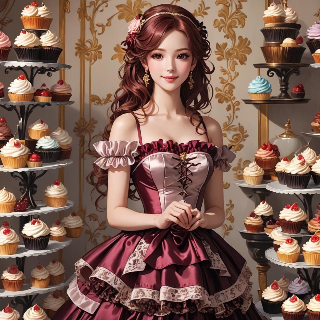 Elegant Woman in Rococo Gown with Cupcakes