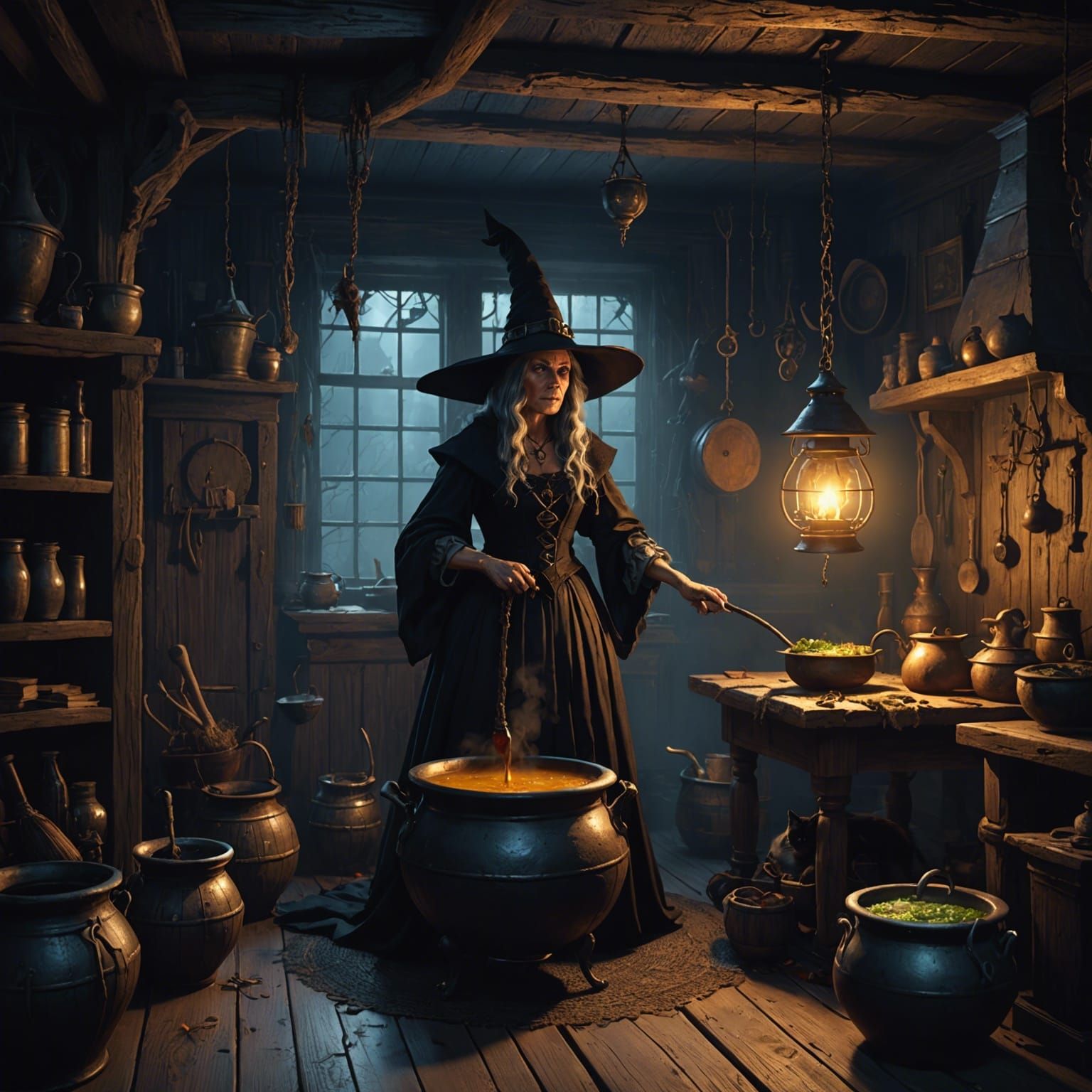Witch's Room with Black Cat in Dark Fantasy Art