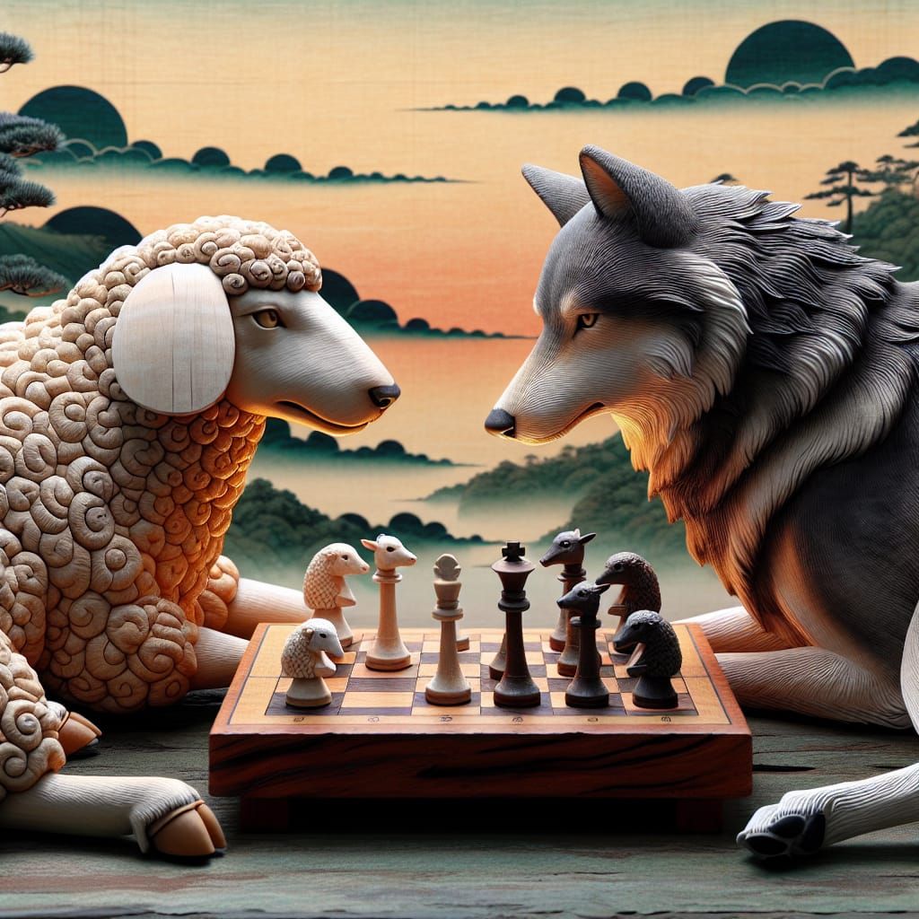 Wolf and Sheepdog Chess Game in Ukiyo-e Style