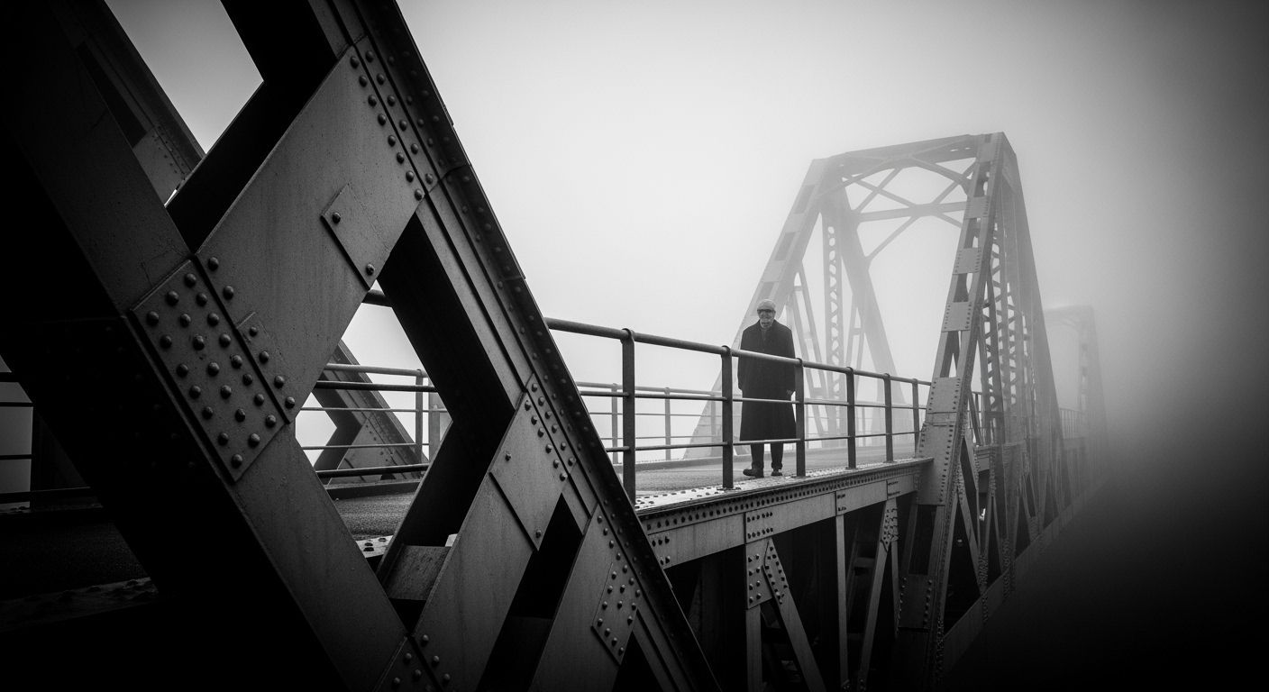 Monochrome Bridge Strut in Mist: Minimalist Photography