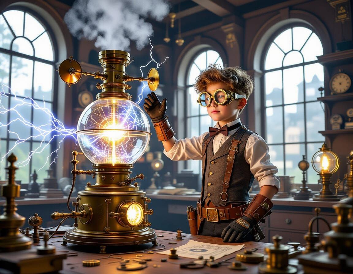 Steampunk Genius and Weather Machine in Fantasy Realism