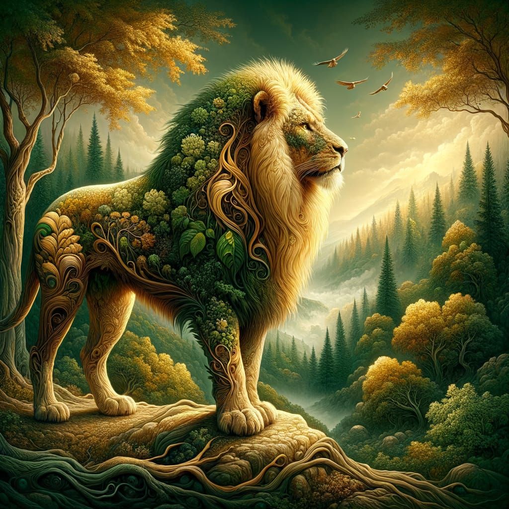 Lion in Art Nouveau Style, Adorned with Forest Patterns, Sta...