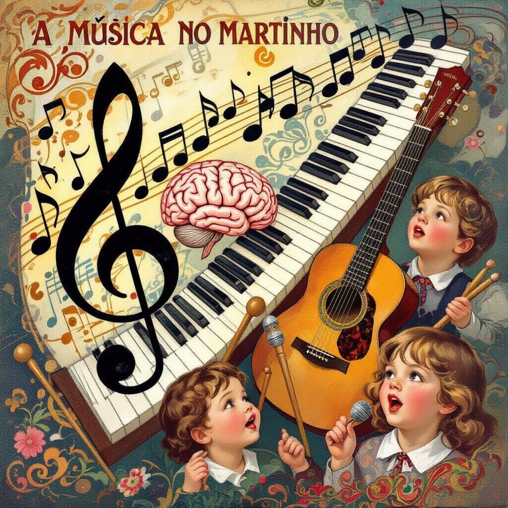 Musical Brain and Instruments in Gouache Style