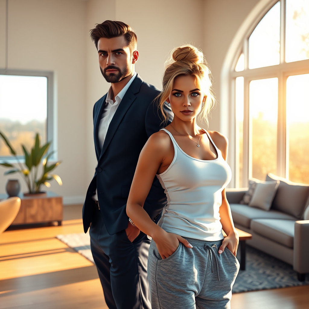 Woman and Man in Bright Living Room, Detailed Matte Painting