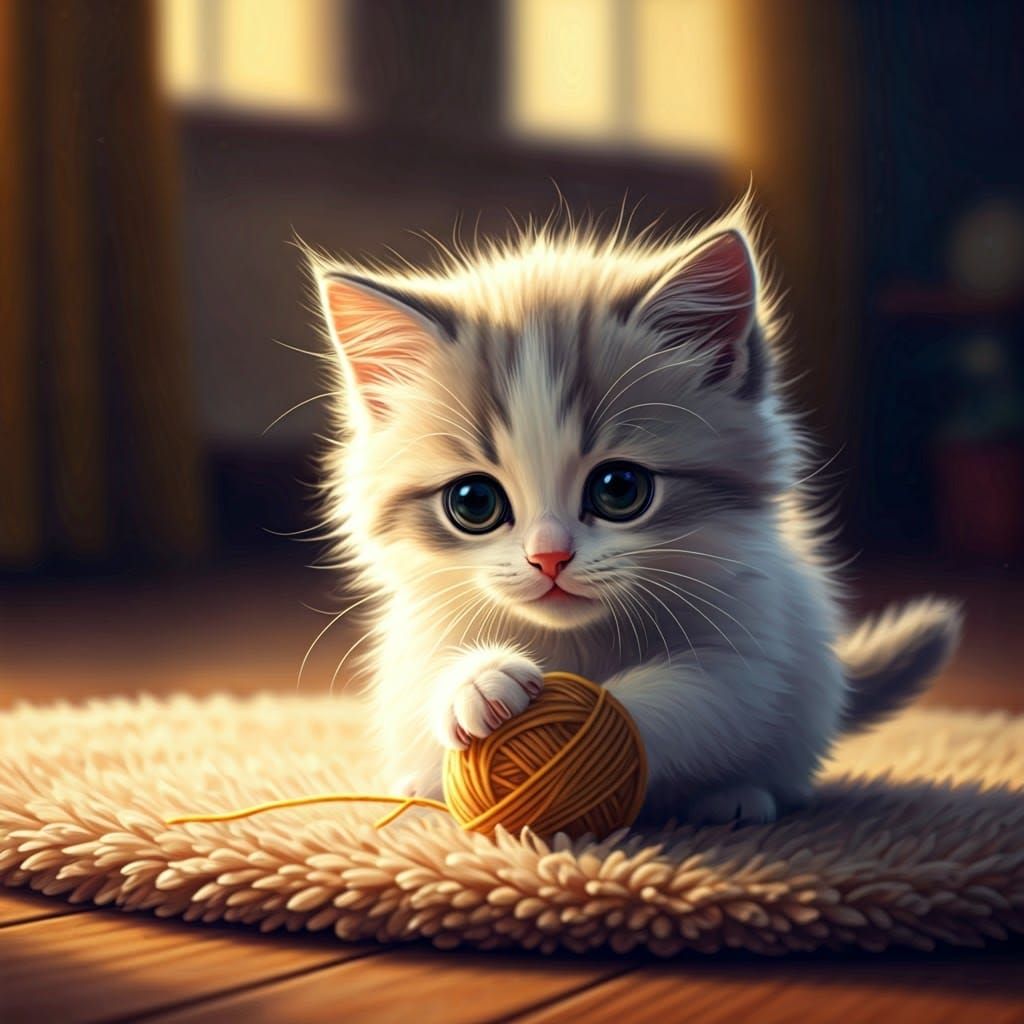Fluffy Kitten Batting Yarn Ball, Whimsical Illustration
