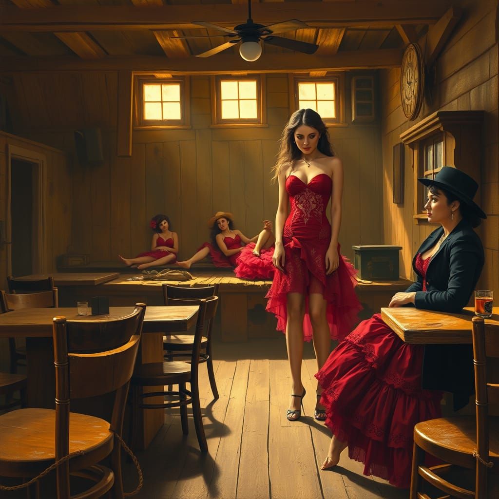 Western Saloon Showgirls in Golden Light