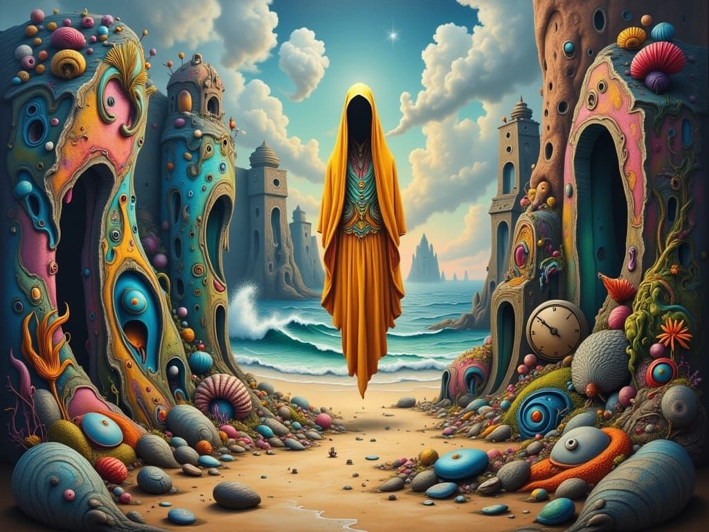 Ghostly Figure in a Surrealist Beach Landscape