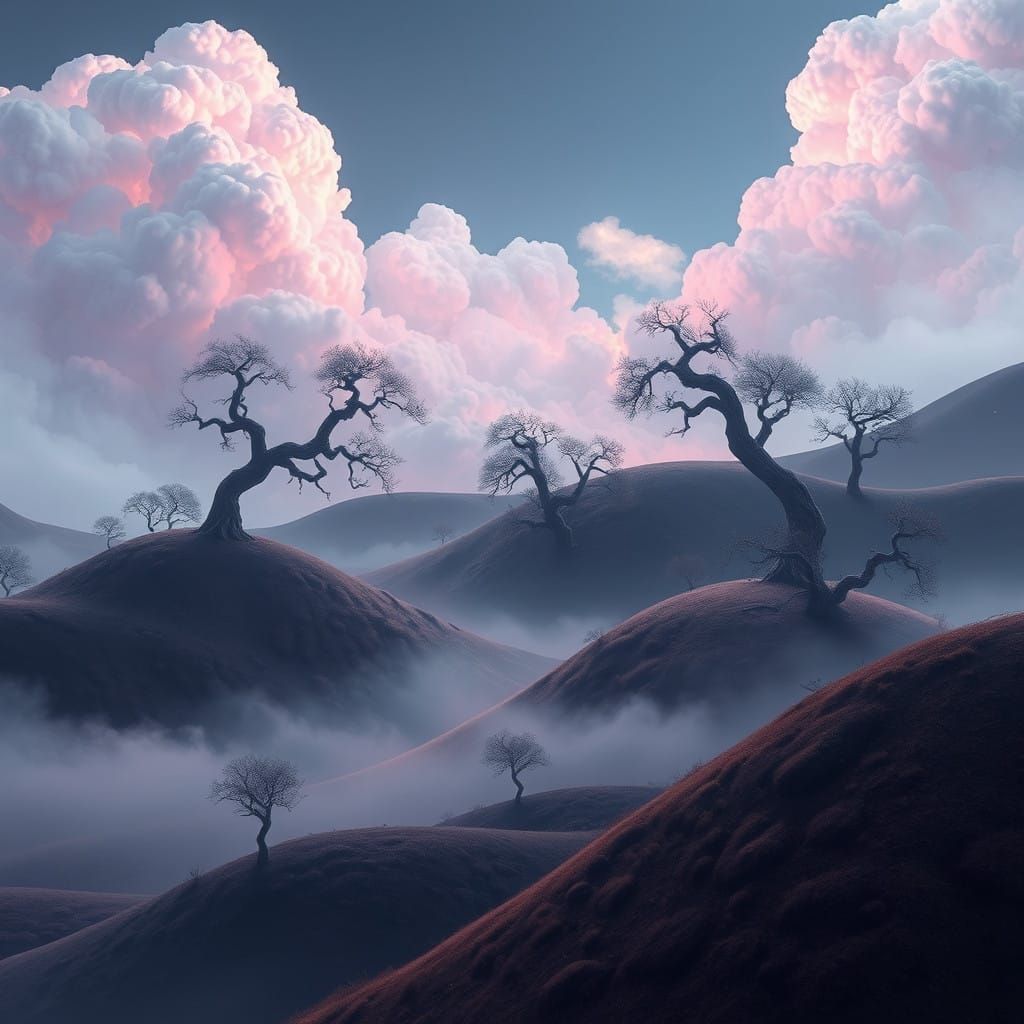Surreal Dreamscape with Twisted Trees and Iridescent Clouds