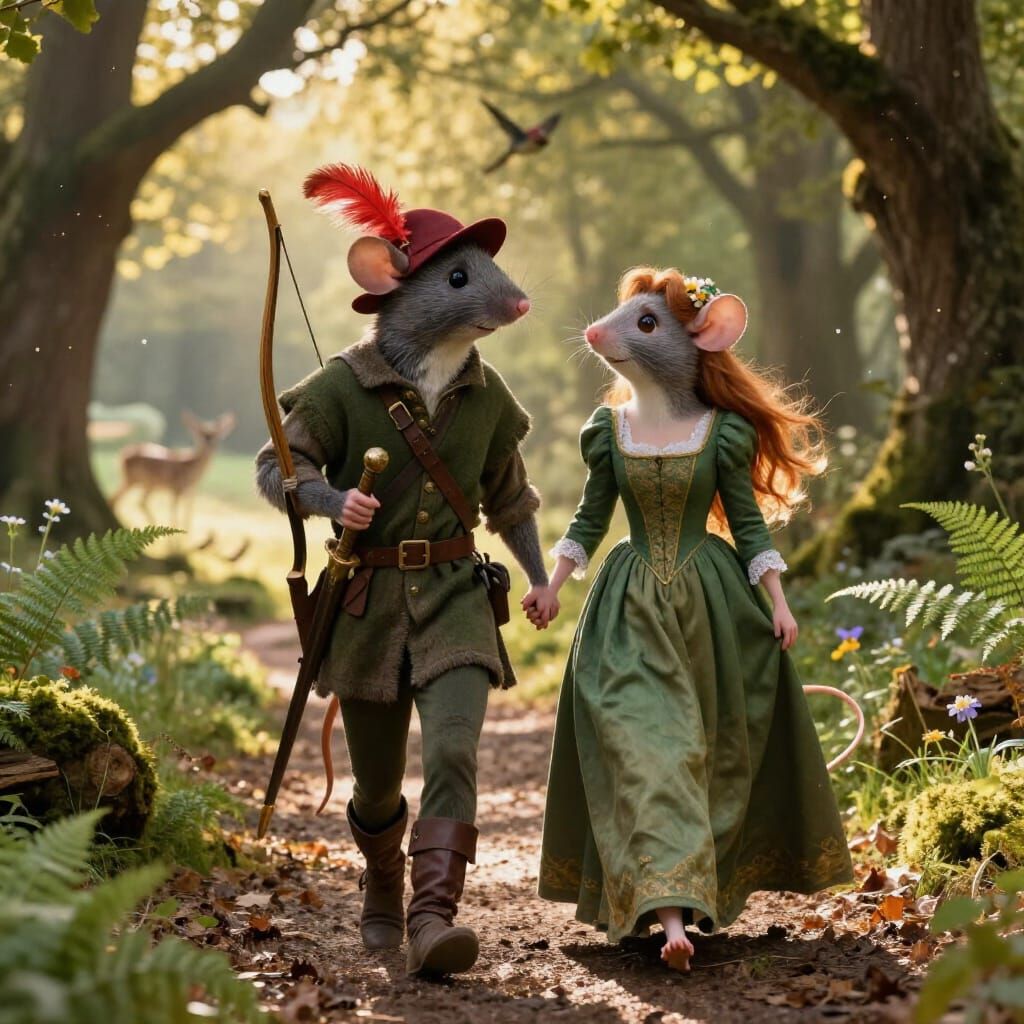 Anthropomorphic Mice Couple in Romantic Sherwood Forest
