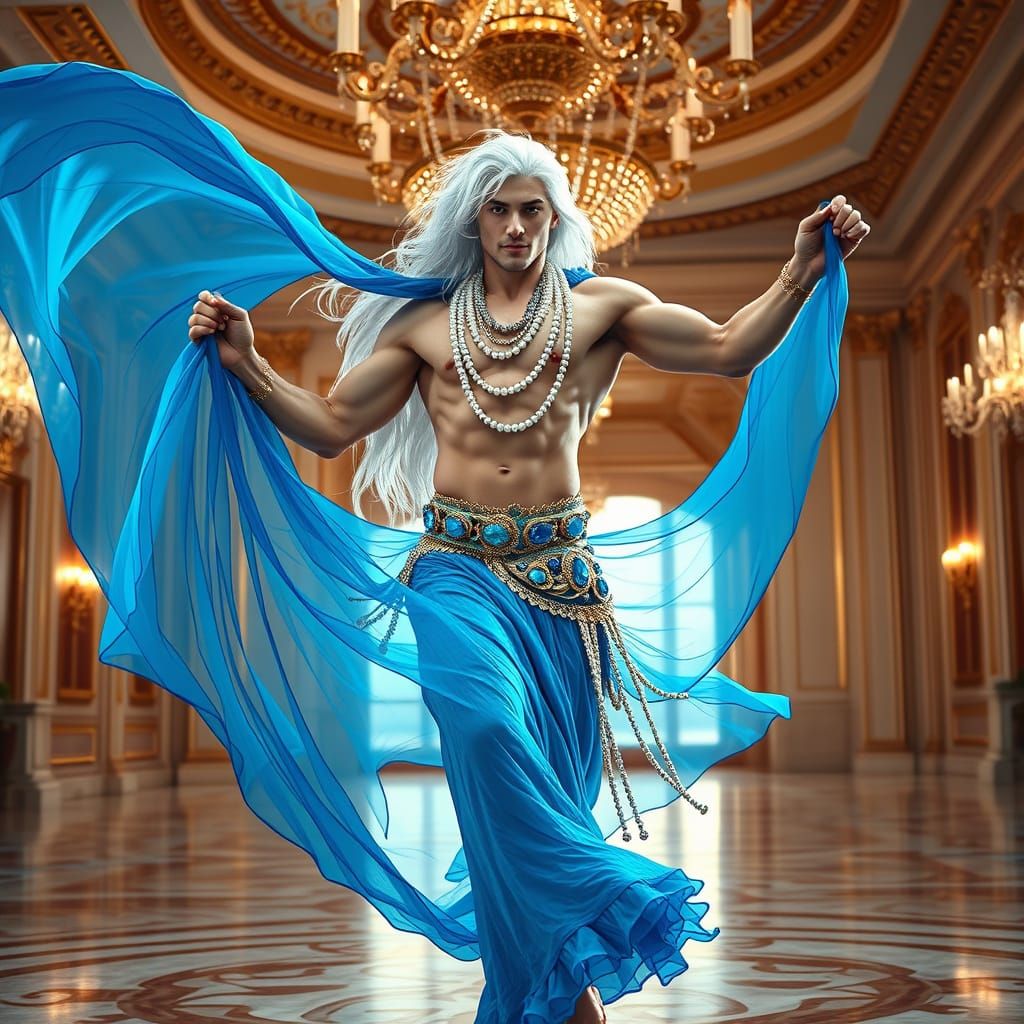 Ethereal Blue Dancer in Opulent Ballroom