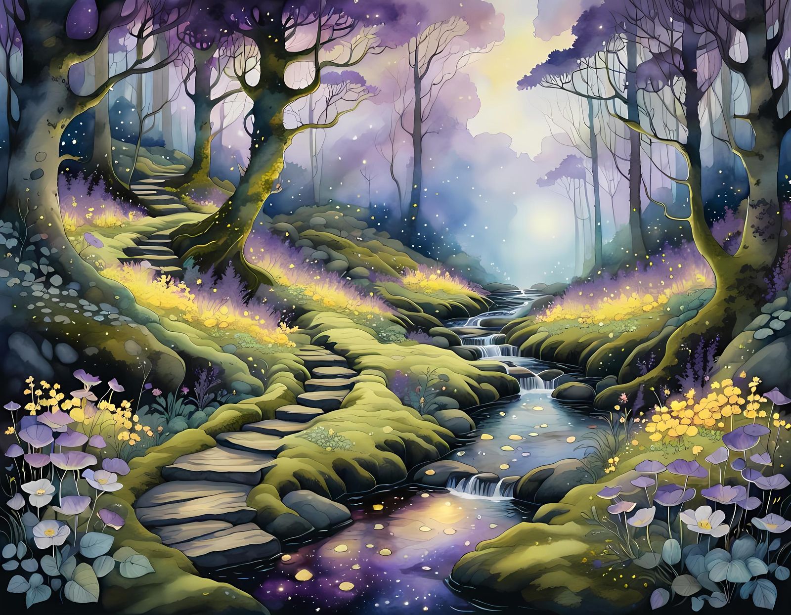 Ethereal Forest with Purple Flowers: Watercolor Illustration