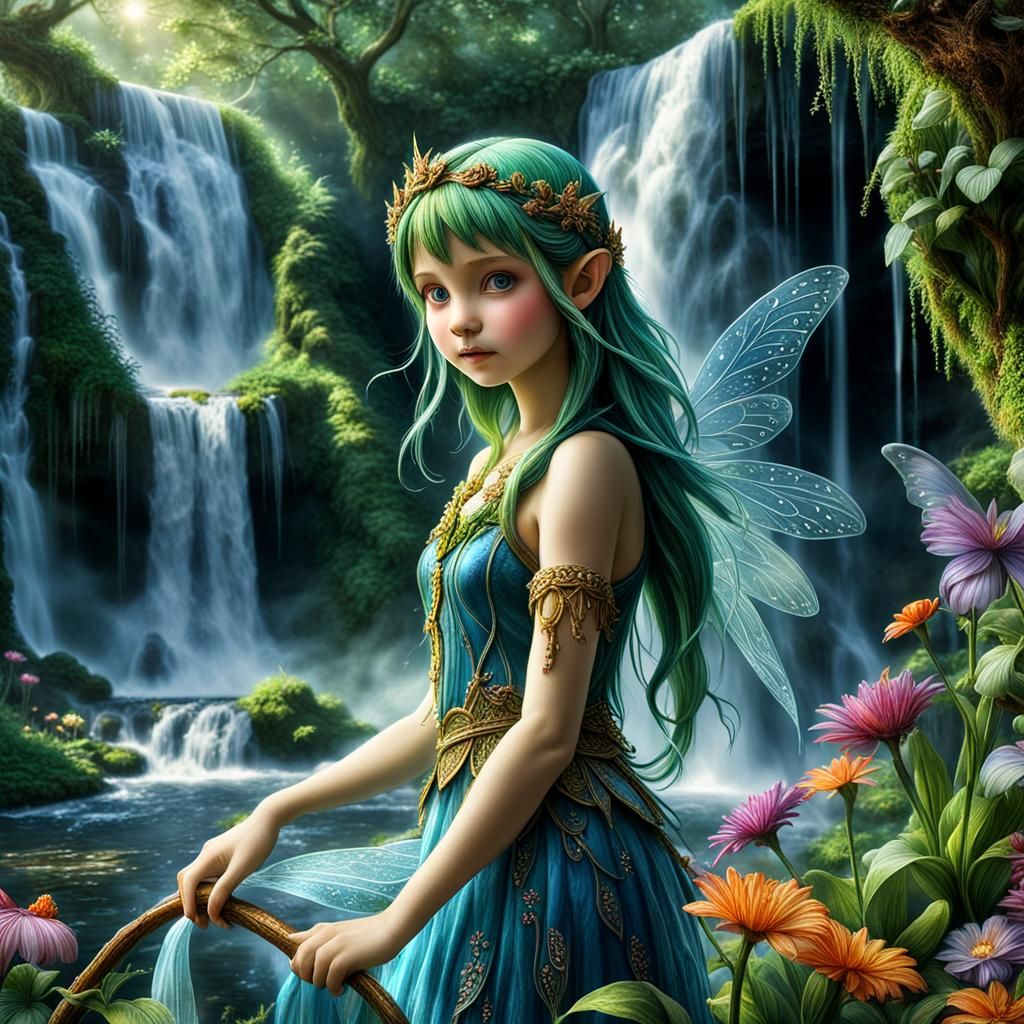 Detailed Fairies by Waterfall in Hyperrealistic Style