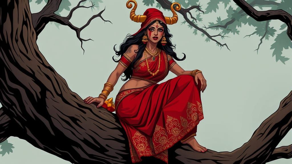 Menacing Dayan Witch in Red Saree with Sharp Fangs and Red T...