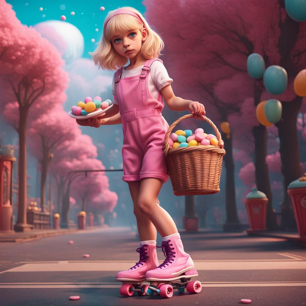 Girl in Pink Jumpsuit with Candy, Digital Art