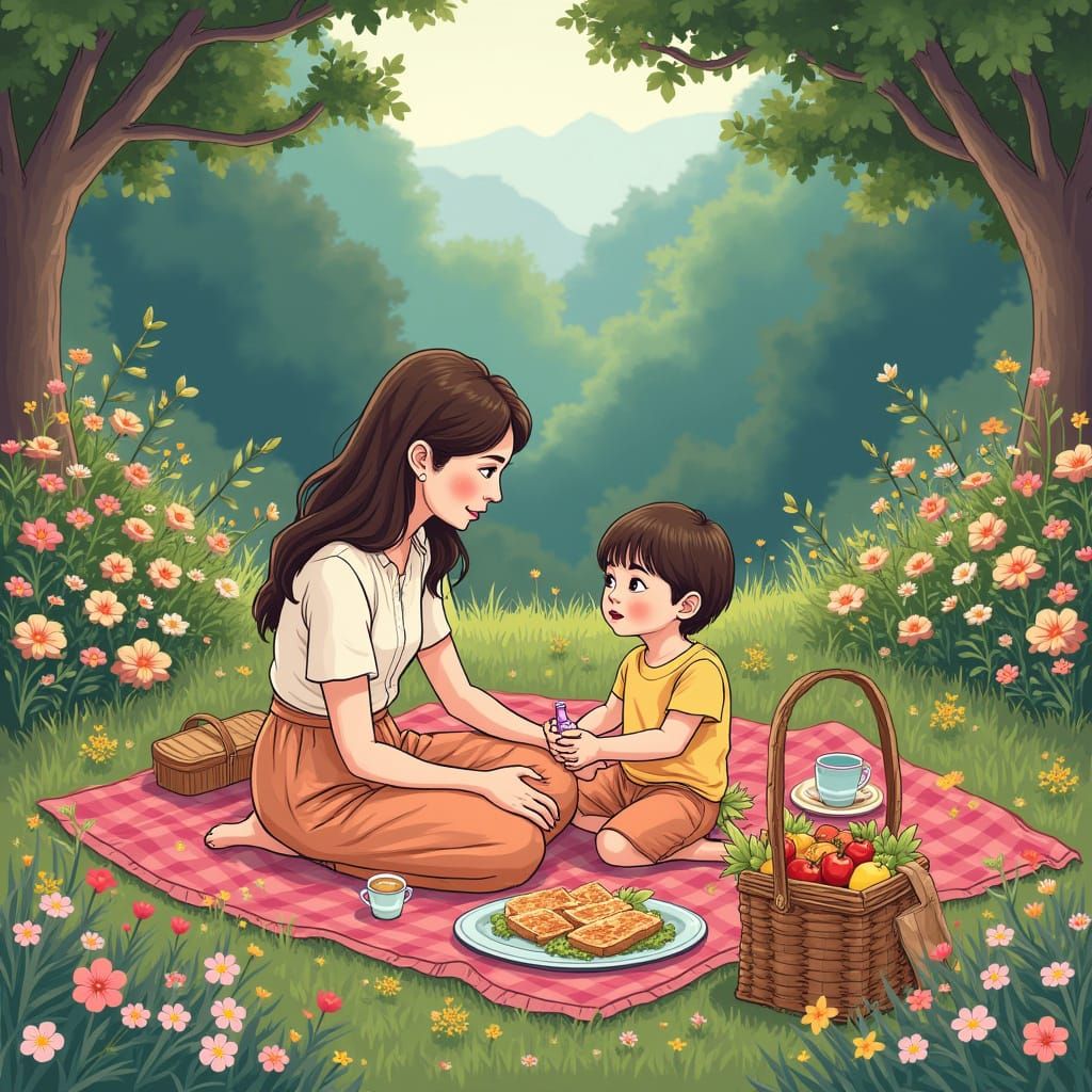 Whimsical Family Picnic Scene in a Fantastical Matte Paintin...