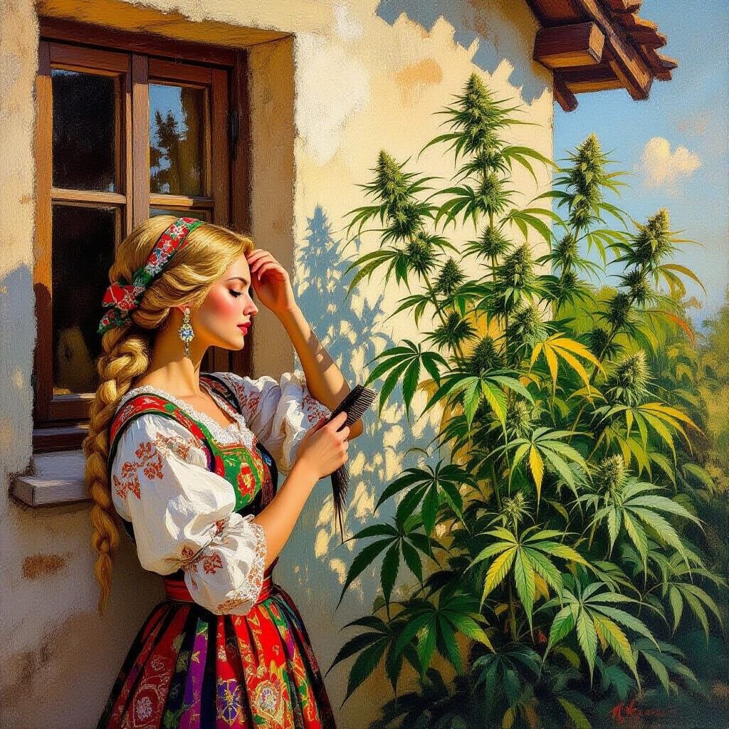 Woman and Cannabis Plant in Impasto Style