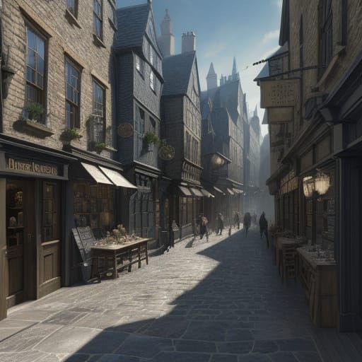 Diagon Alley hyperdetailed charcoal drawing
