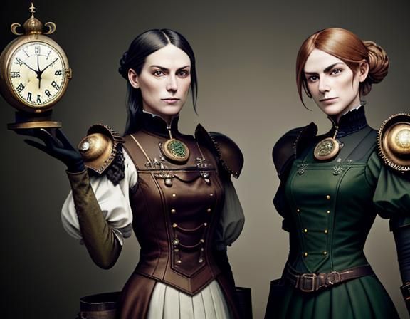 Steampunk Time Machine with Twin Sisters: Dark Fantasy Art
