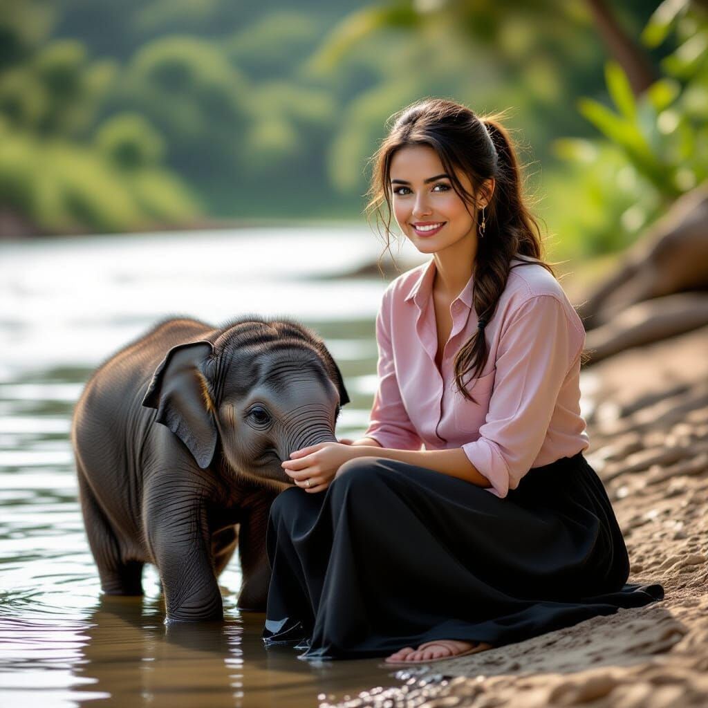 Woman and Elephant in Natural Light