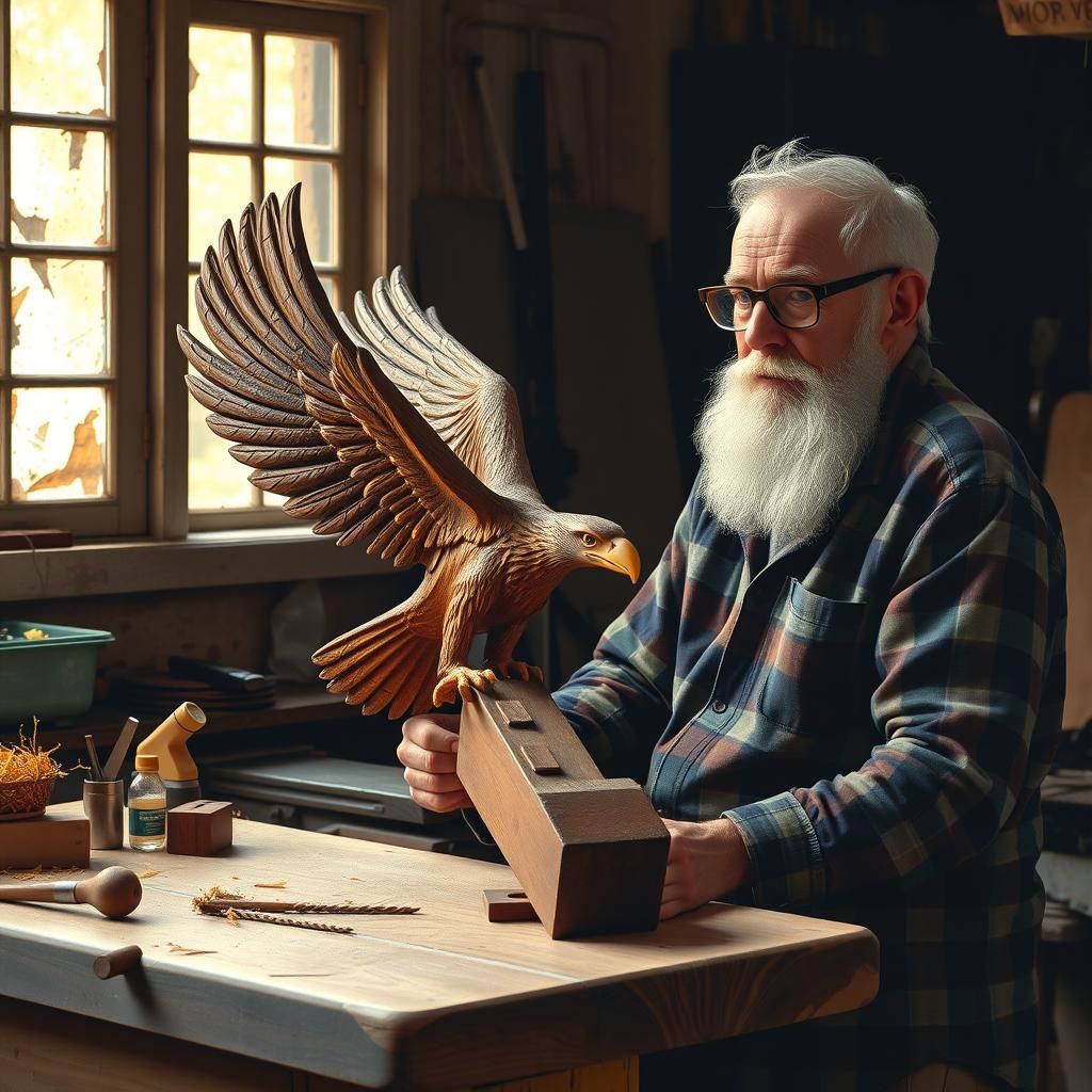Photorealistic Woodcarving of an Eagle in Rustic Workshop
