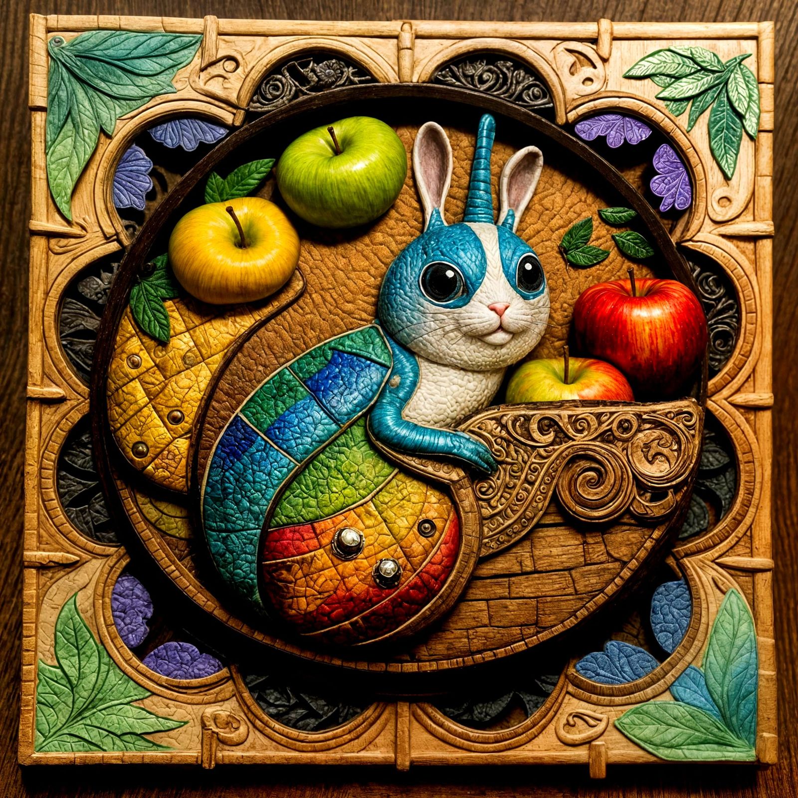 Anthropomorphic Caterpillar in Apple House Collage