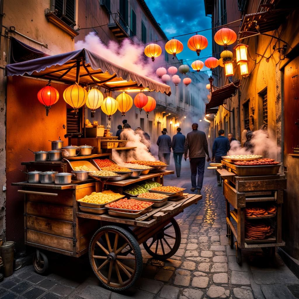 Italian Street Food Stand in Golden Light