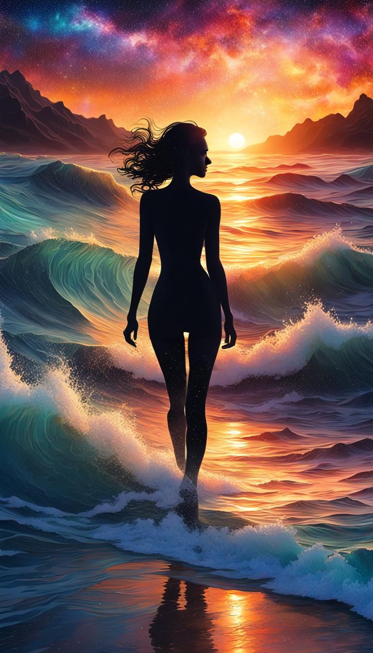 Woman Silhouetted in Galaxy Ocean Sunset