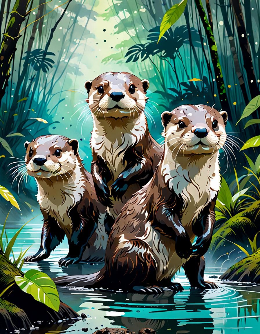 Three cute otters posing