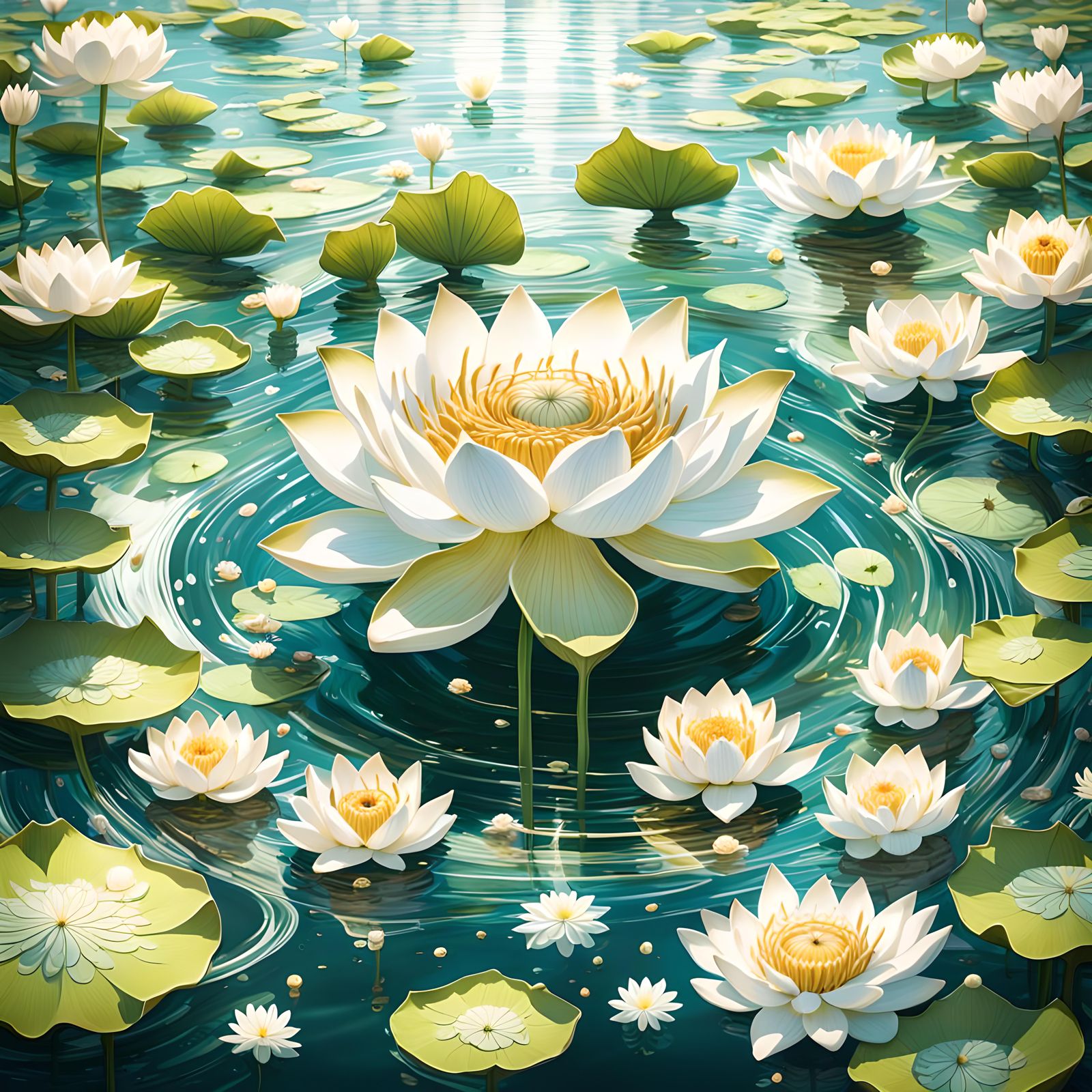 White Lotus Flowers on Clear Water: Fantasy Concept Art
