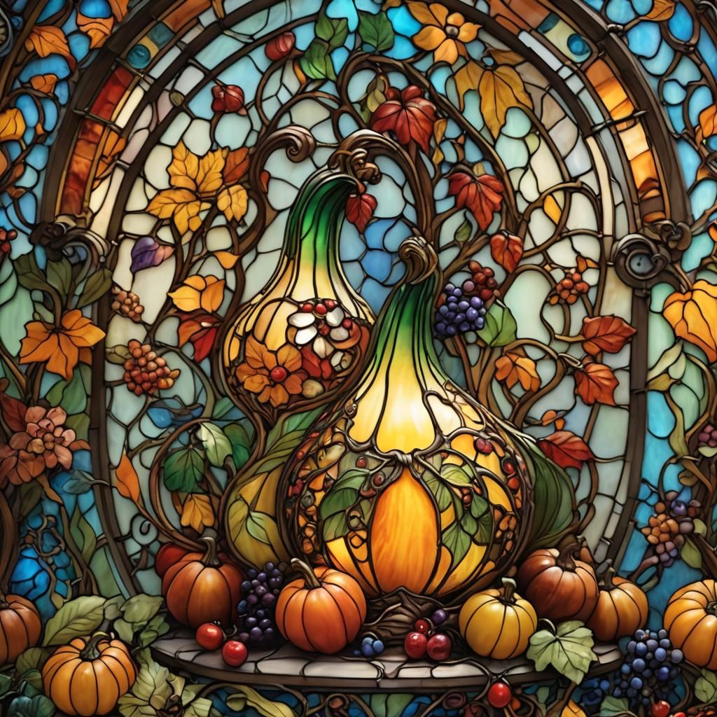 Glowing Stained Glass Gourd in Art Nouveau Style