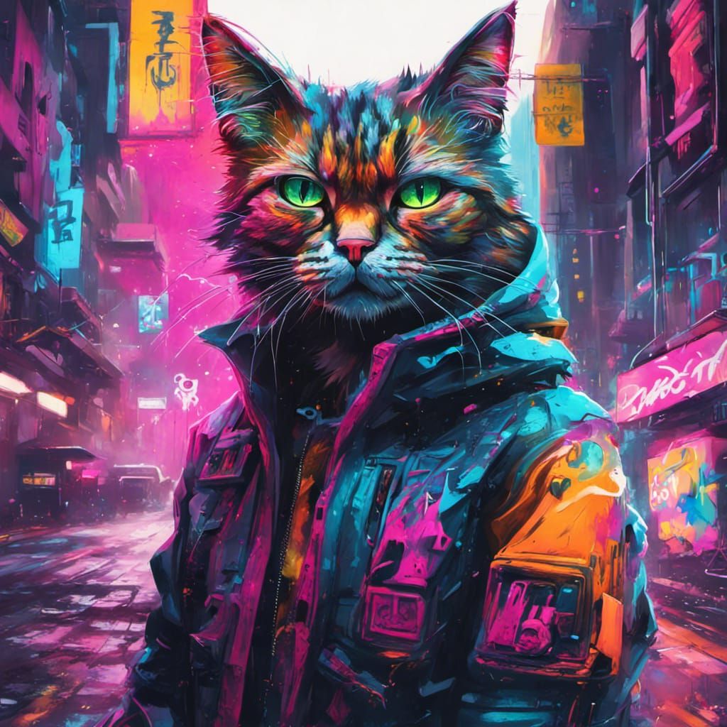 Cyberpunk Cat Amidst Neon City Graffiti Art