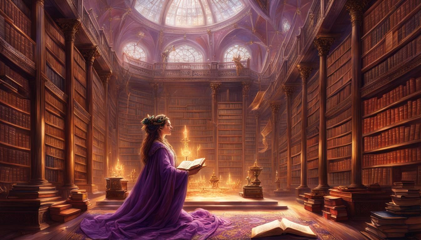 Mage in Ancient Library Watching Magic Swirl