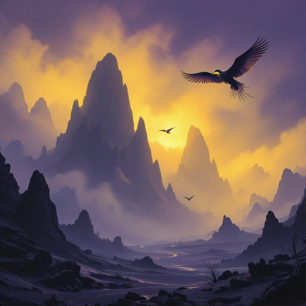 Alien Mountains in Glowing Fog: A Surreal Landscape