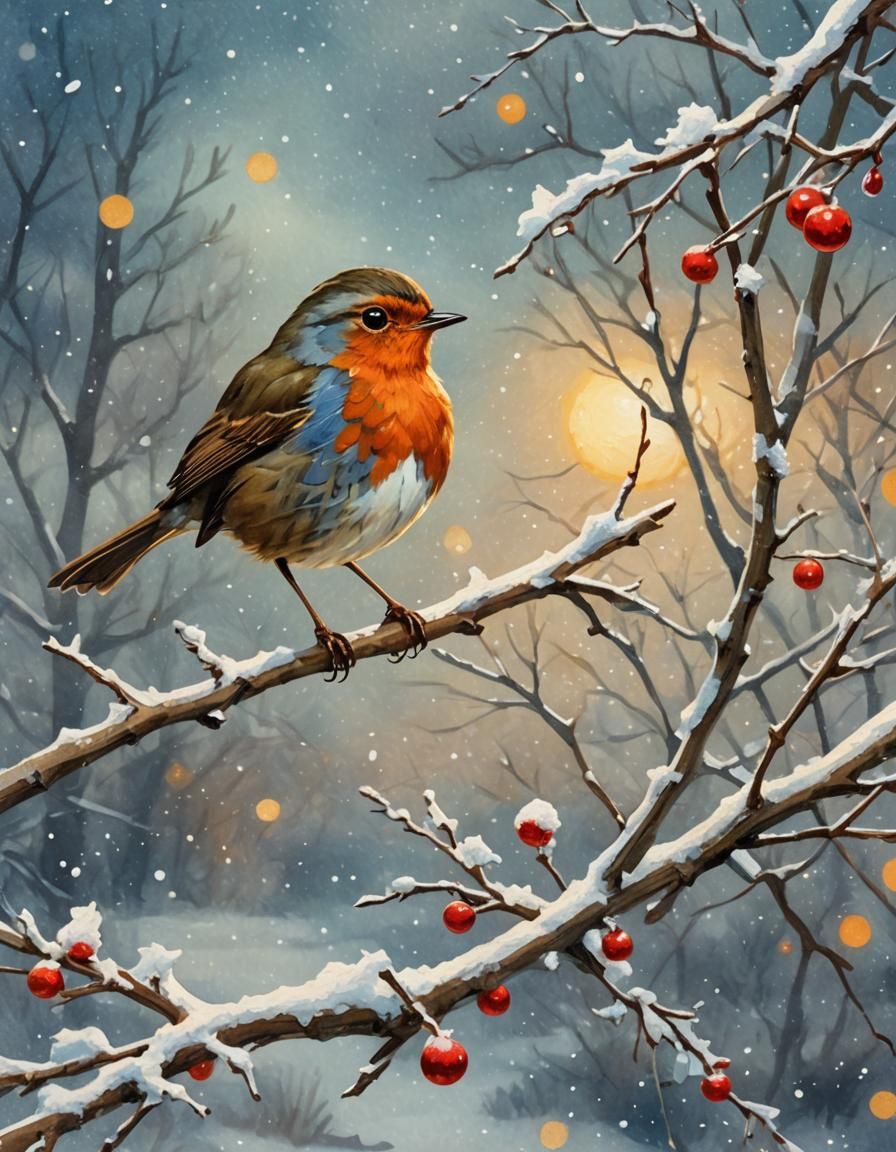 Whimsical Christmas Robin in Vintage Impasto Style