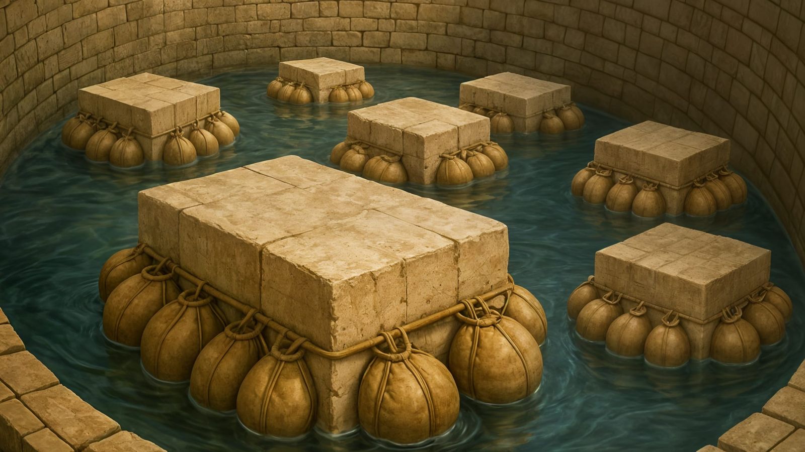 Ancient Egyptian Limestone Blocks Floating in Colossal Shaft