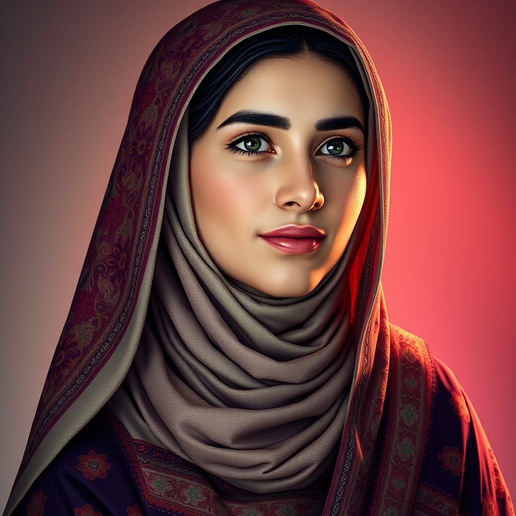 Palestinian Woman in Elegant Thobe and Hijab, Radiant with H...