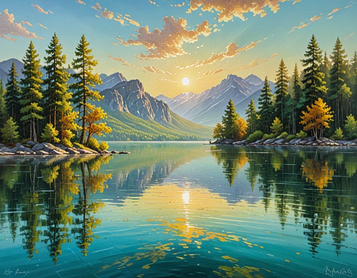Turquoise Lake Surrounded by Emerald Trees as Oil Painting