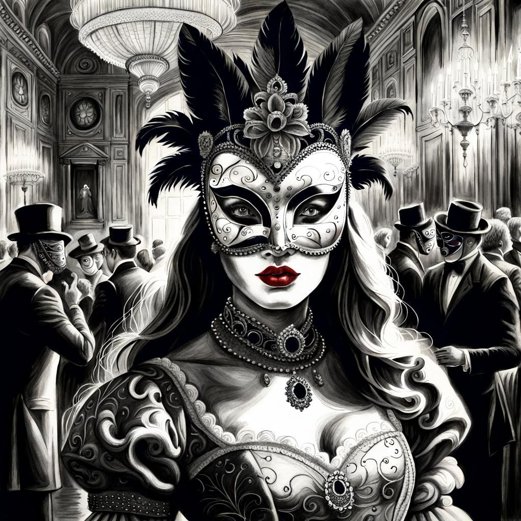 Masked Woman at Venetian Ball: Graphite Drawing