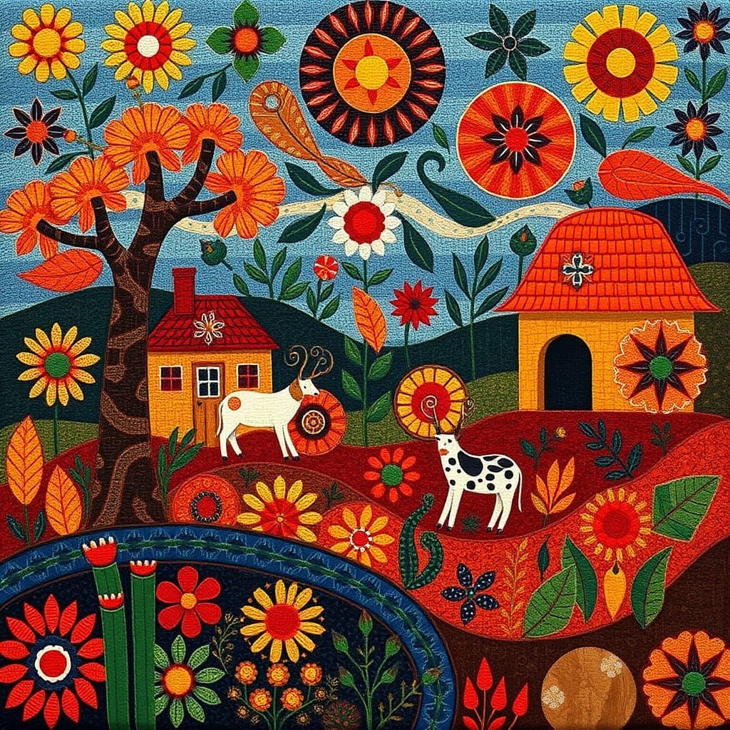 Naive Folk Art Scene with Geometric Patterns