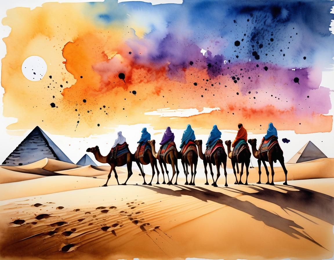 Watercolor Camel Caravan at Sunset with Pyramids